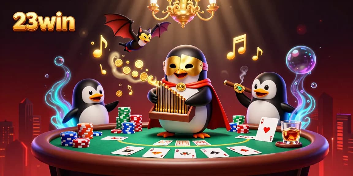 Experience exciting games at 23win with a dynamic casino-themed illustration packed with action.