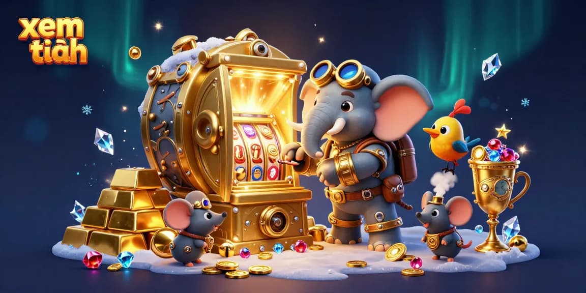 Xem thêm reveals a steampunk elephant engineer operating a golden slot machine with treasure scattered around for gambling.