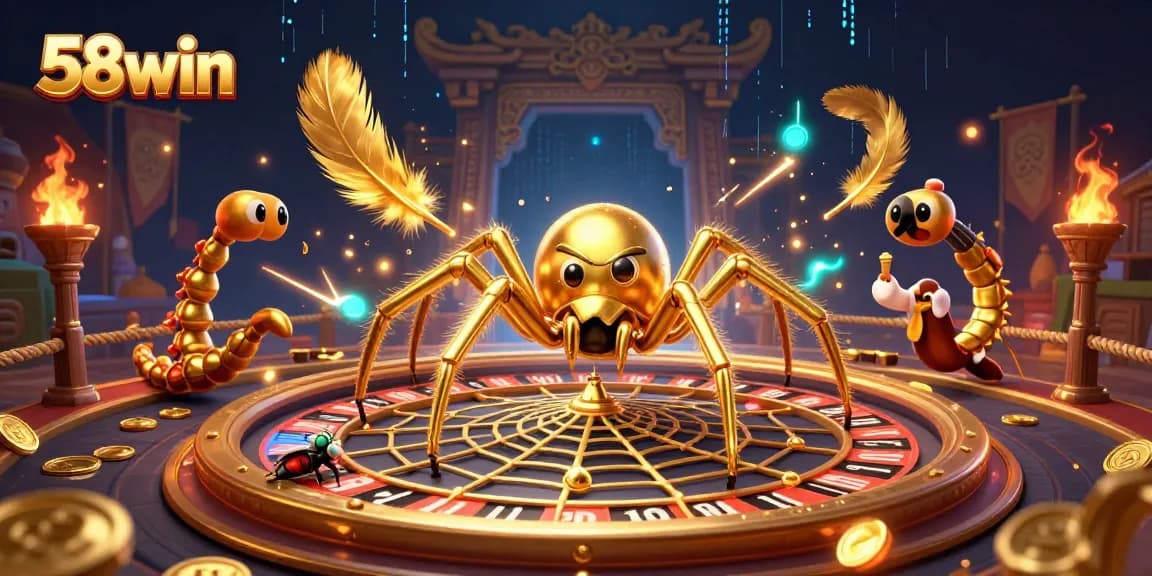 Experience the thrilling bets at 58win's roulette wheel, featuring a golden spider and vibrant casino elements.