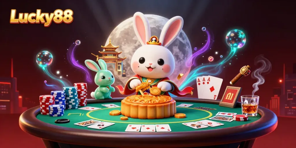 Experience Lucky88 with the moon rabbit enjoying poker chips hidden inside mooncakes, surrounded by vibrant casino elements.