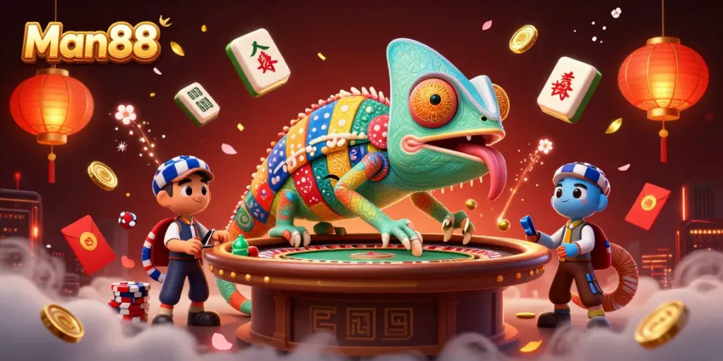 Experience thrilling gameplay at Man88 casino with a dynamic chameleon owner and vibrant gaming elements