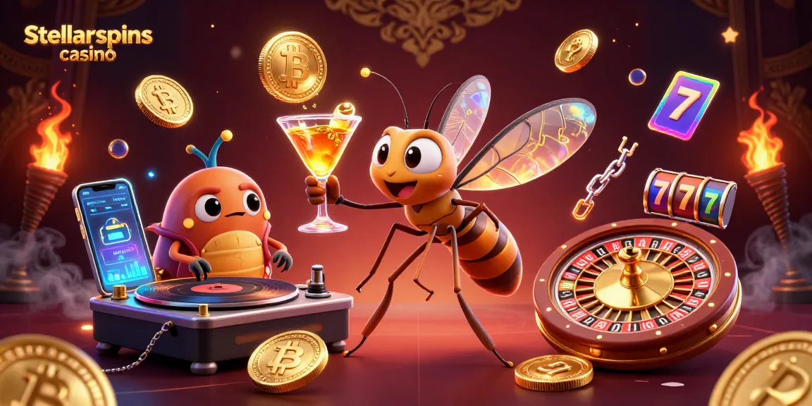 Engage with stellarspins casino through a vibrant, dynamic 3D illustration featuring cryptos and slot elements.
