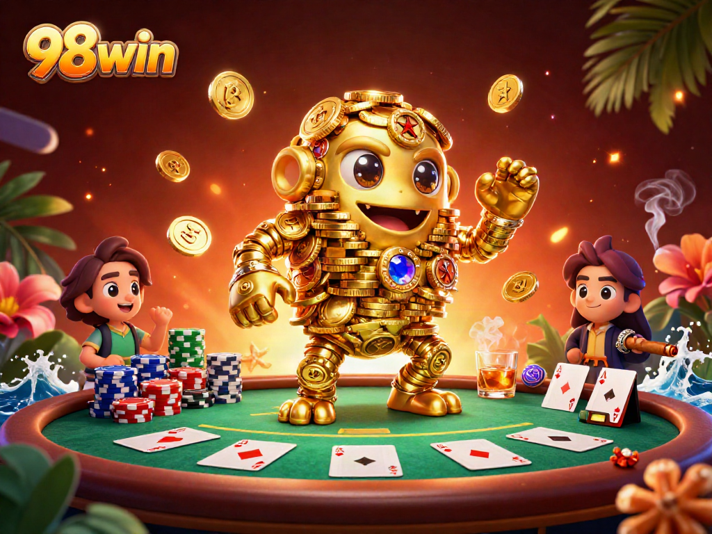 Experience thrilling gameplay at 98win with a vibrant 3D casino illustration featuring poker elements.