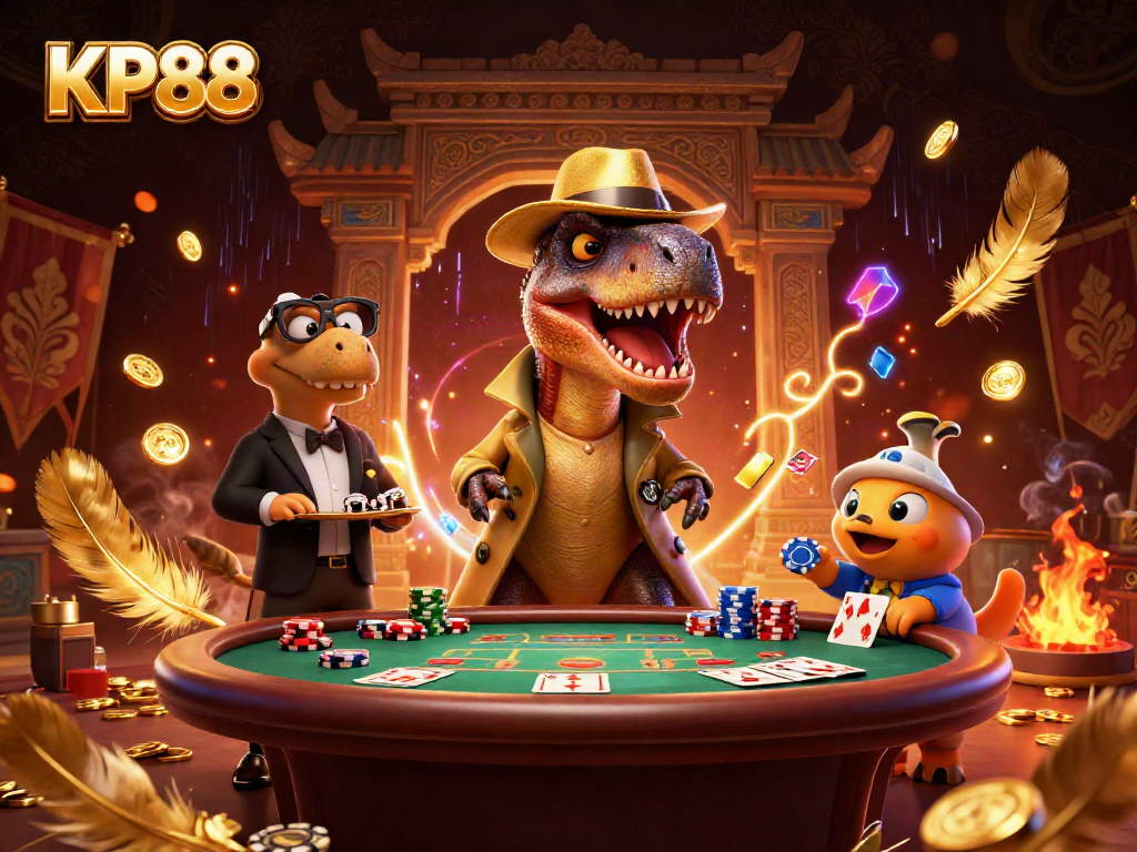 Experience thrilling KP88 gameplay with cartoon dinosaurs in a vibrant casino setting