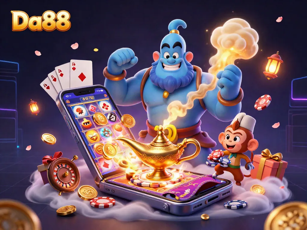 Engage with Da88's vibrant casino world featuring a genie, poker chips, and exciting slot games.