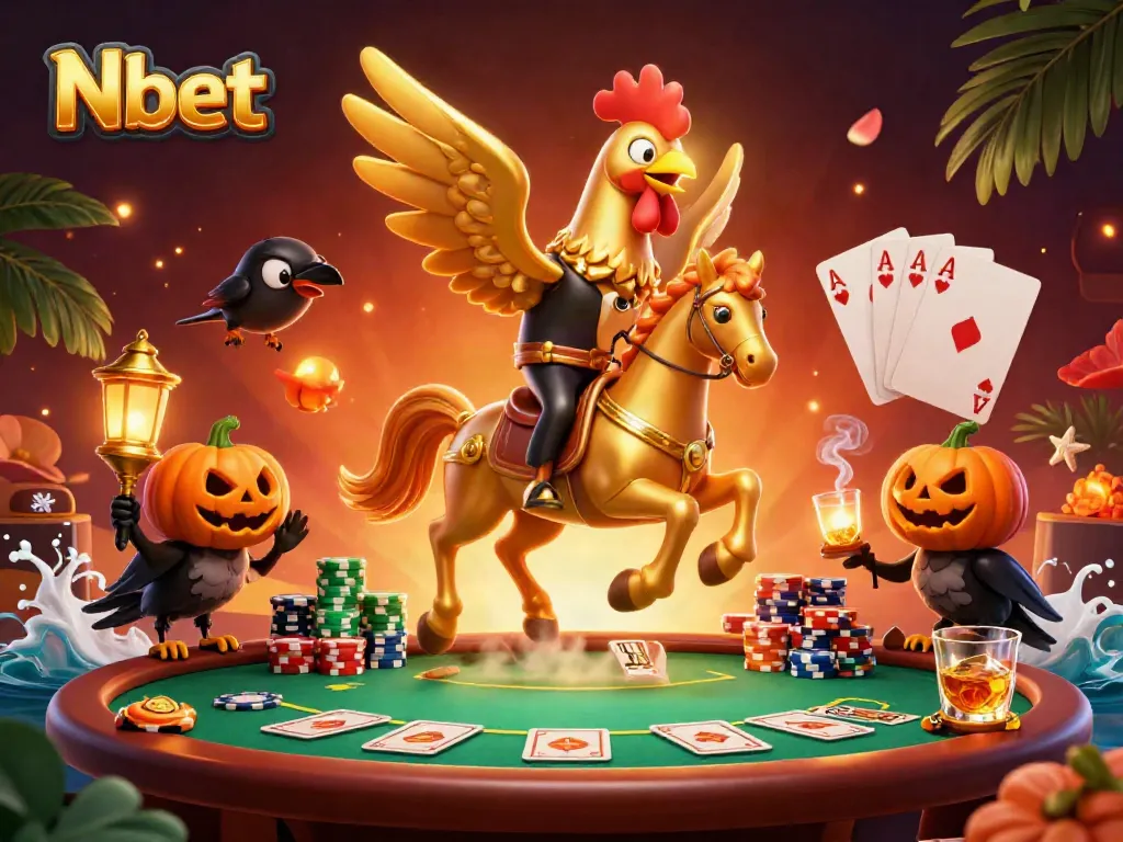 Nbet showcases a golden rooster headless horseman winning at poker in a vibrant casino illustration.