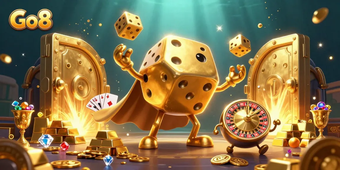 Engage in thrilling experiences with Go8's vibrant 3D casino showcasing golden dice, jewels, and dynamic game elements.