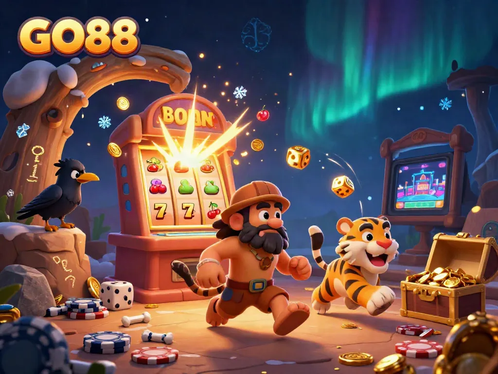 Experience the thrill at GO88's vibrant casino with colorful slot machines and playful characters.