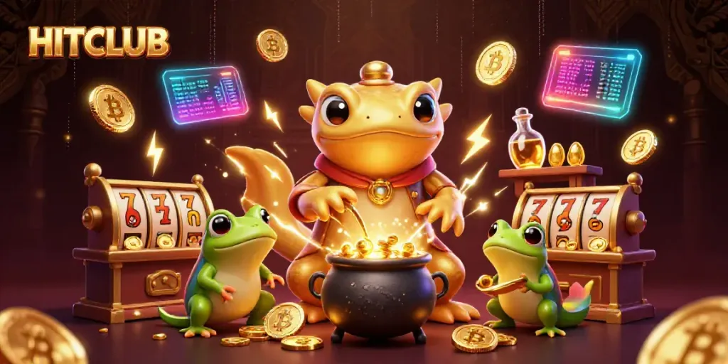 Experience the thrilling HITCLUB online casino scene with gold coins and slot elements.