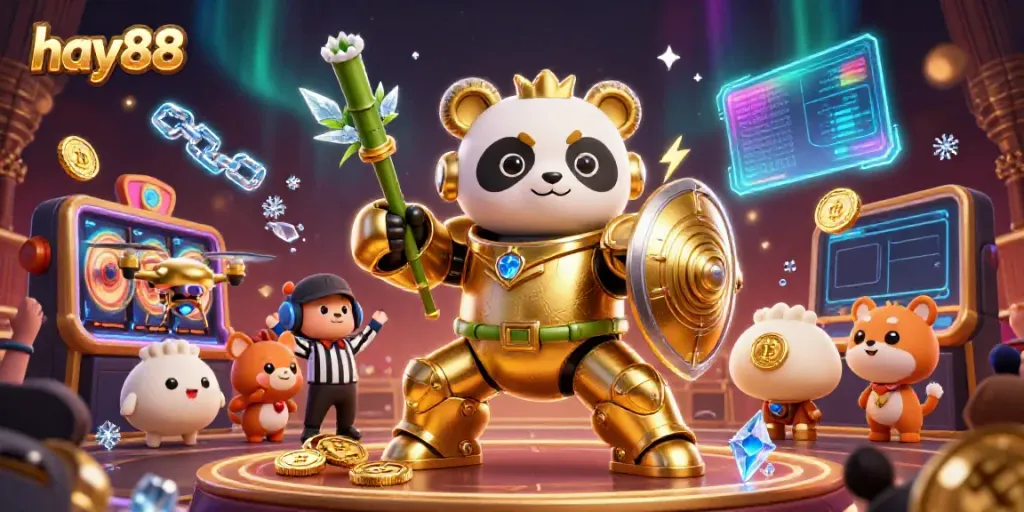 Enjoy exciting gameplay with hay88's vibrant casino-themed illustration featuring engaging 3D characters and crypto elements.