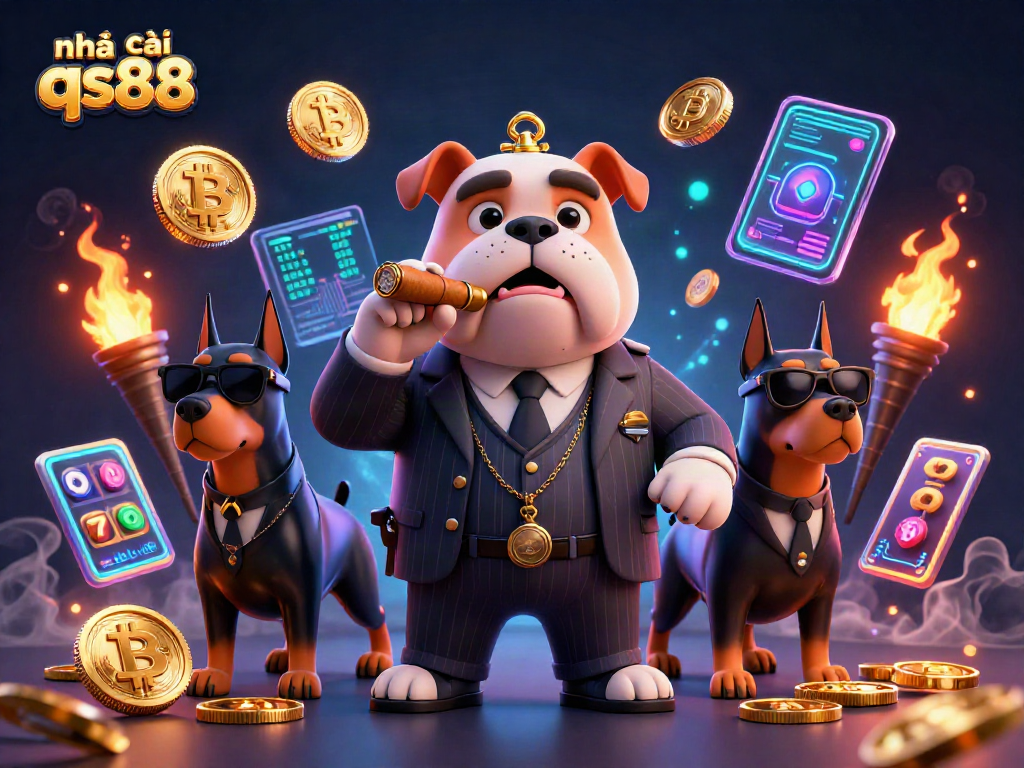 Experience thrilling wins with nhà cái qs88, showcased by a mafia bulldog and bodyguards in a casino setting.