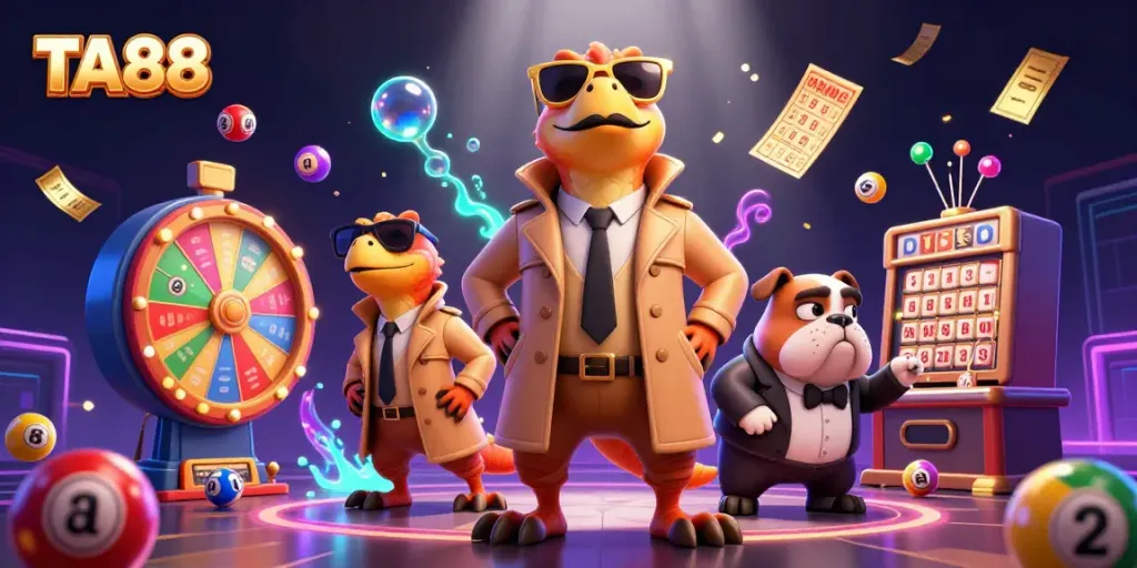Experience the excitement at TA88 casino as cartoon raptors attempt to bluff their way into VIP access surrounded by vibrant gaming elements.