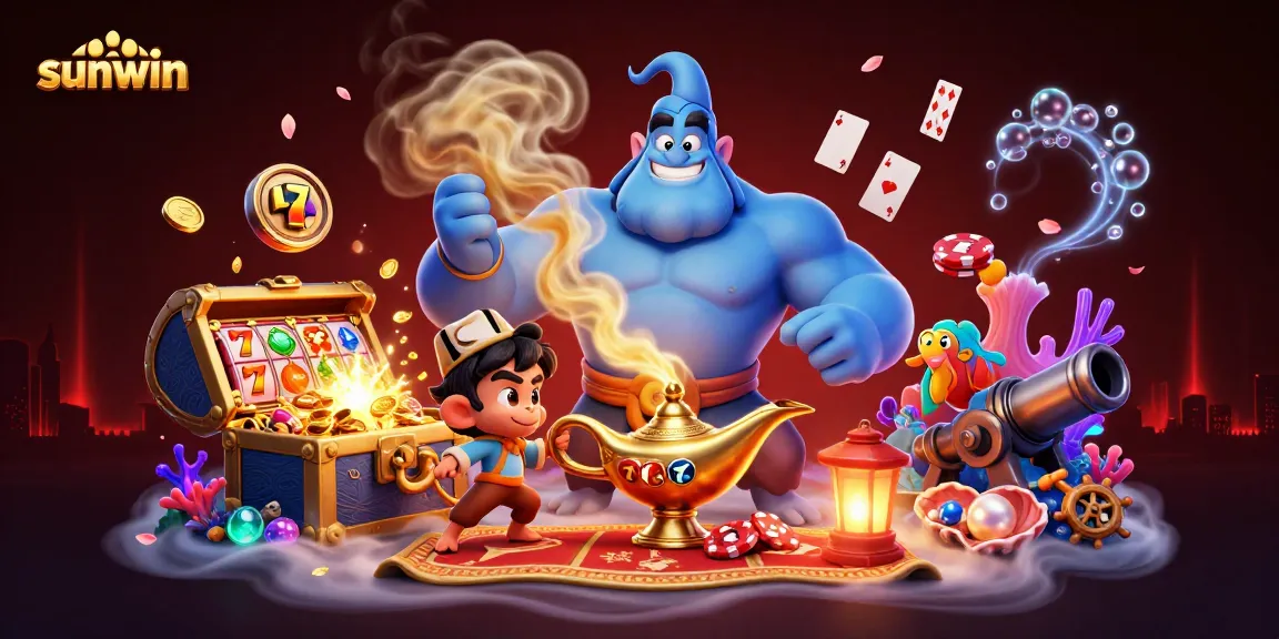 Win big with sunwin as a genie pops out, surrounded by slot reels and treasure coins.