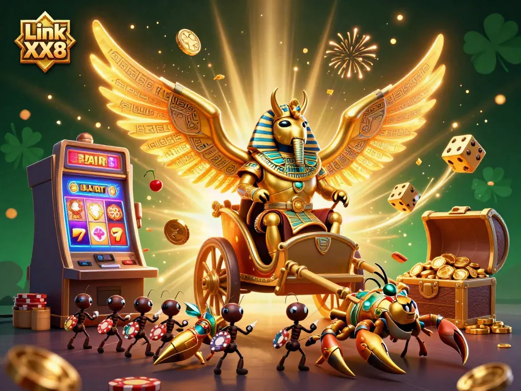 Engage with Link XX8 in a vibrant casino scene filled with golden elements and slot machine excitement.