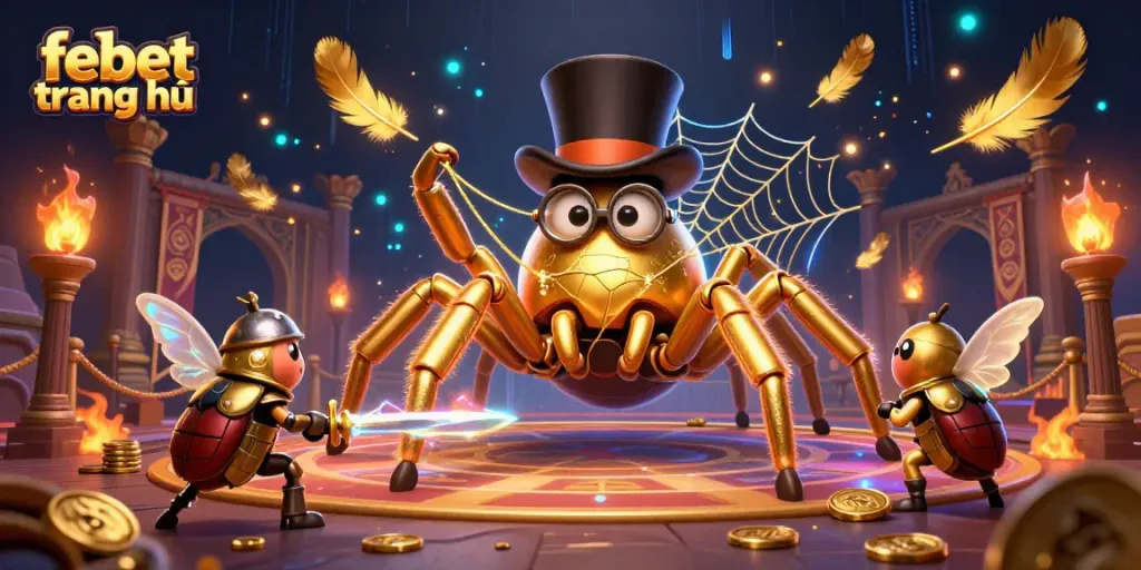 Experience the thrilling action at febet trang chủ with a 3D giant tarantula weaving golden webs in a vibrant casino scene.