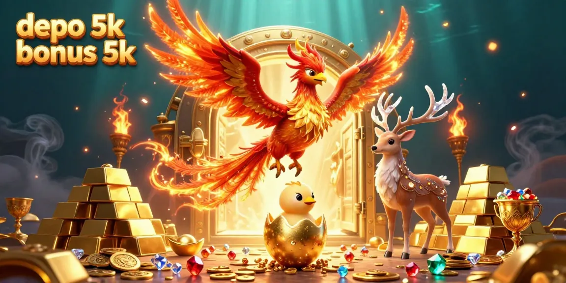 Experience the thrilling depo 5k bonus 5k with a vibrant phoenix scene and overflowing treasures.