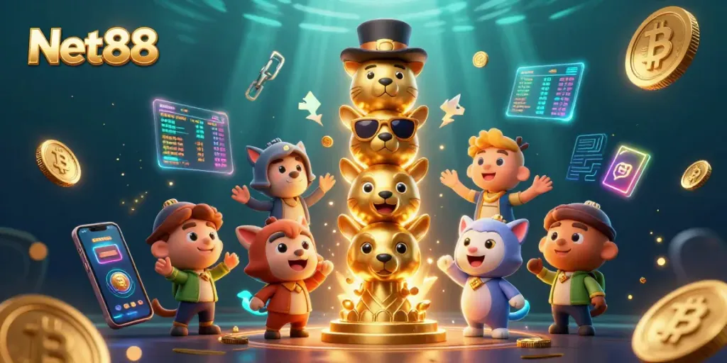 Experience gaming excitement with Net88's vibrant illustration featuring a 3D golden totem pole.