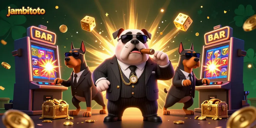 Engage in exciting gameplay with jambitoto, featuring a mafia boss bulldog and jackpot winnings.