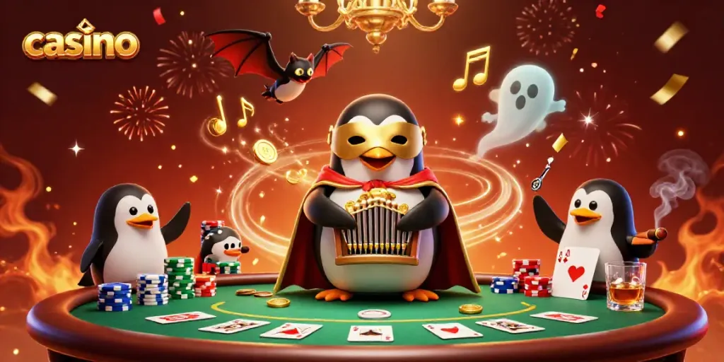 Casino illustration with a penguin and bat acrobat celebrating wins amidst poker elements.