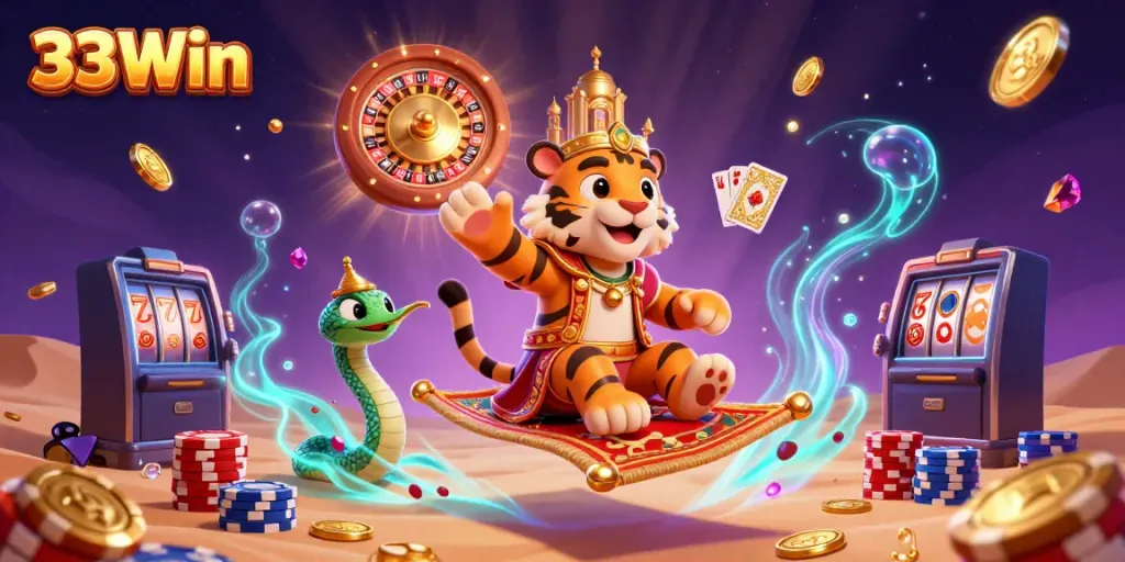 Experience the excitement of 33Win with dynamic casino and gaming elements in a vibrant 3D scene.