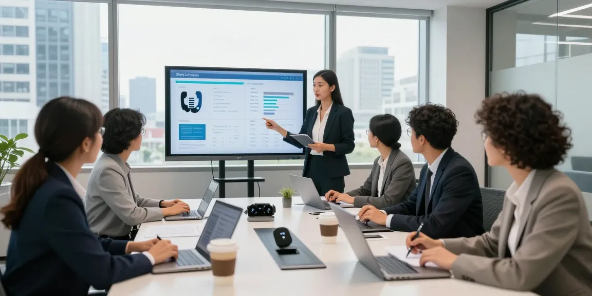 Team collaborating on office phone systems in a modern conference room