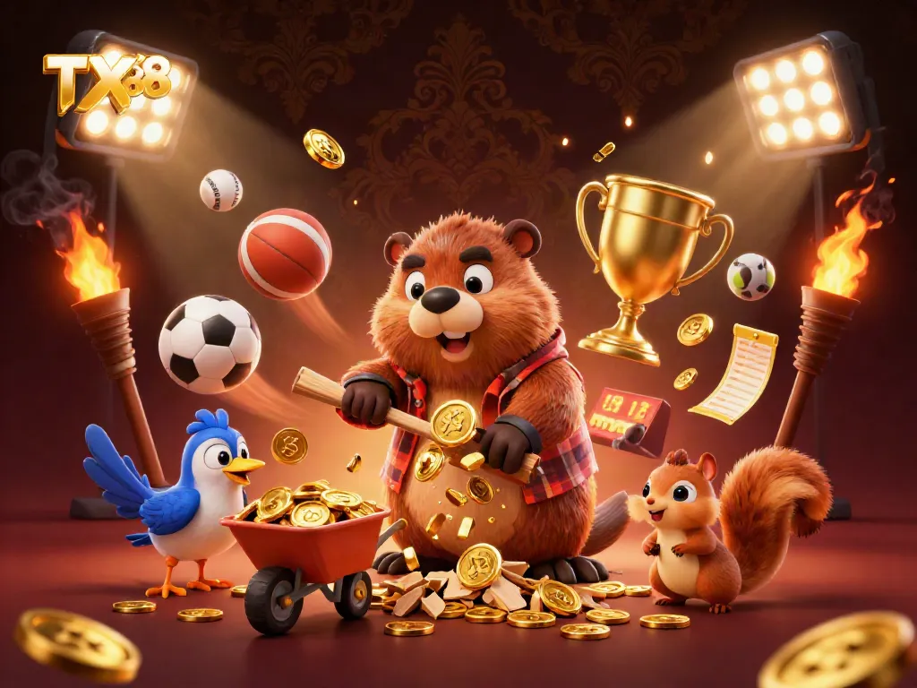 Engage in thrilling gaming with TX88, showcasing a playful beaver, bird, and squirrel surrounded by golden coins and sports elements.
