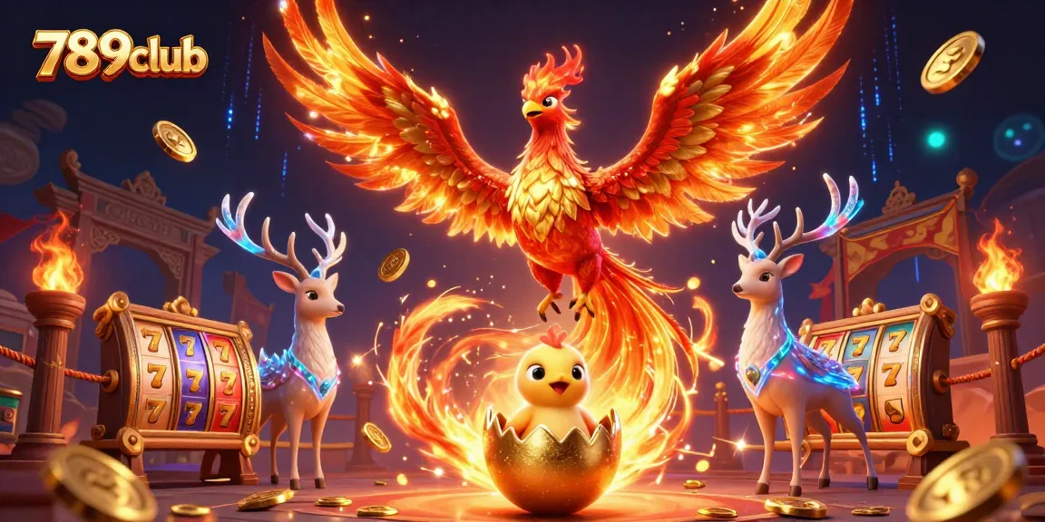 Engage with the vibrant world of 789club as a fire phoenix and mystical stag amidst dazzling casino elements.