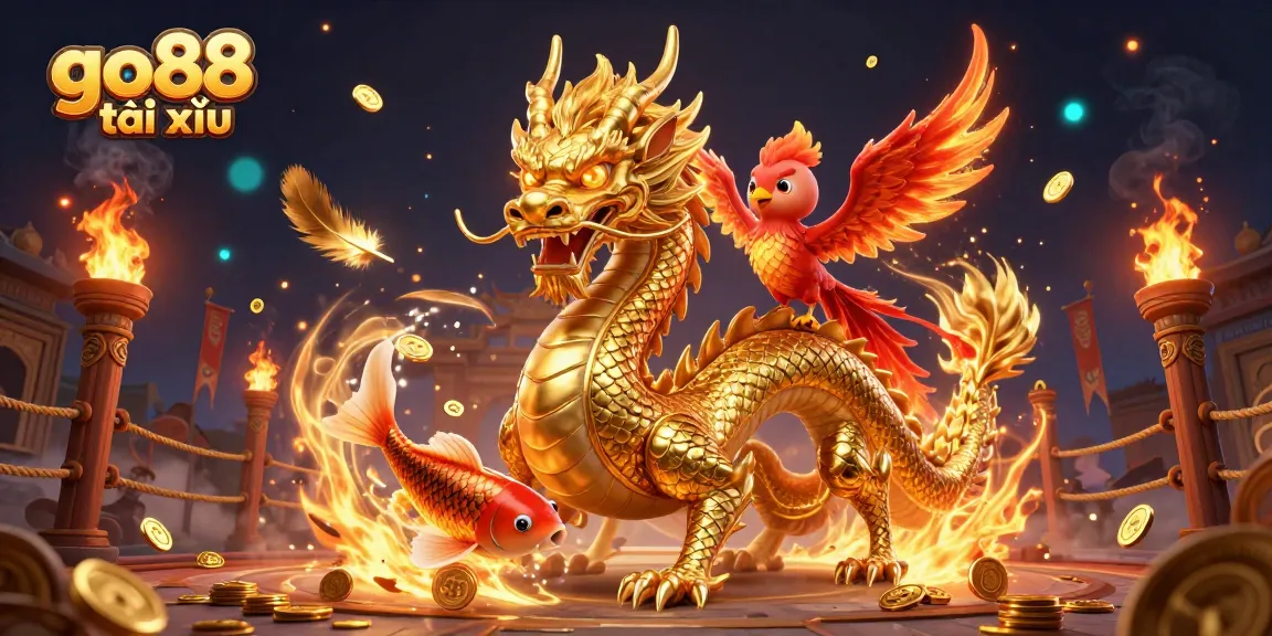 Engage in the exciting action of go88 tài xỉu with a fierce dragon and phoenix in a vibrant casino scene.