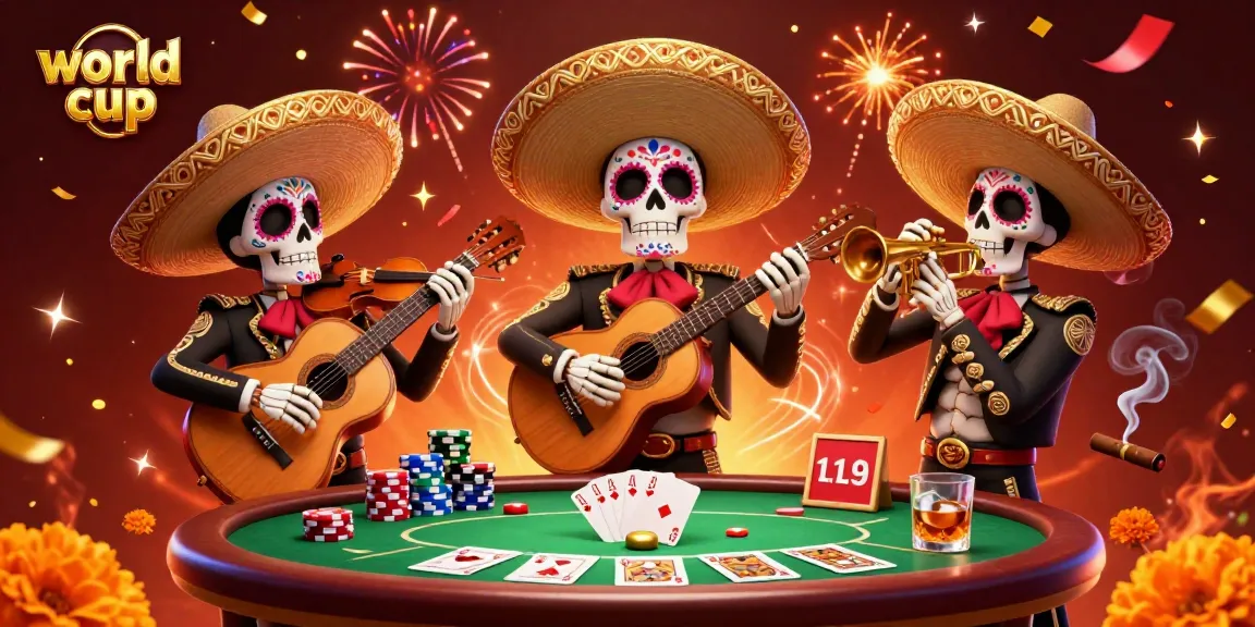 Experience the excitement of the world cup with vibrant mariachi skeletons in a lively poker scene.