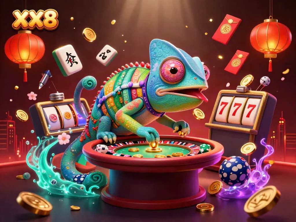 Experience XX8's vibrant casino world with a colorful chameleon and dynamic game elements.
