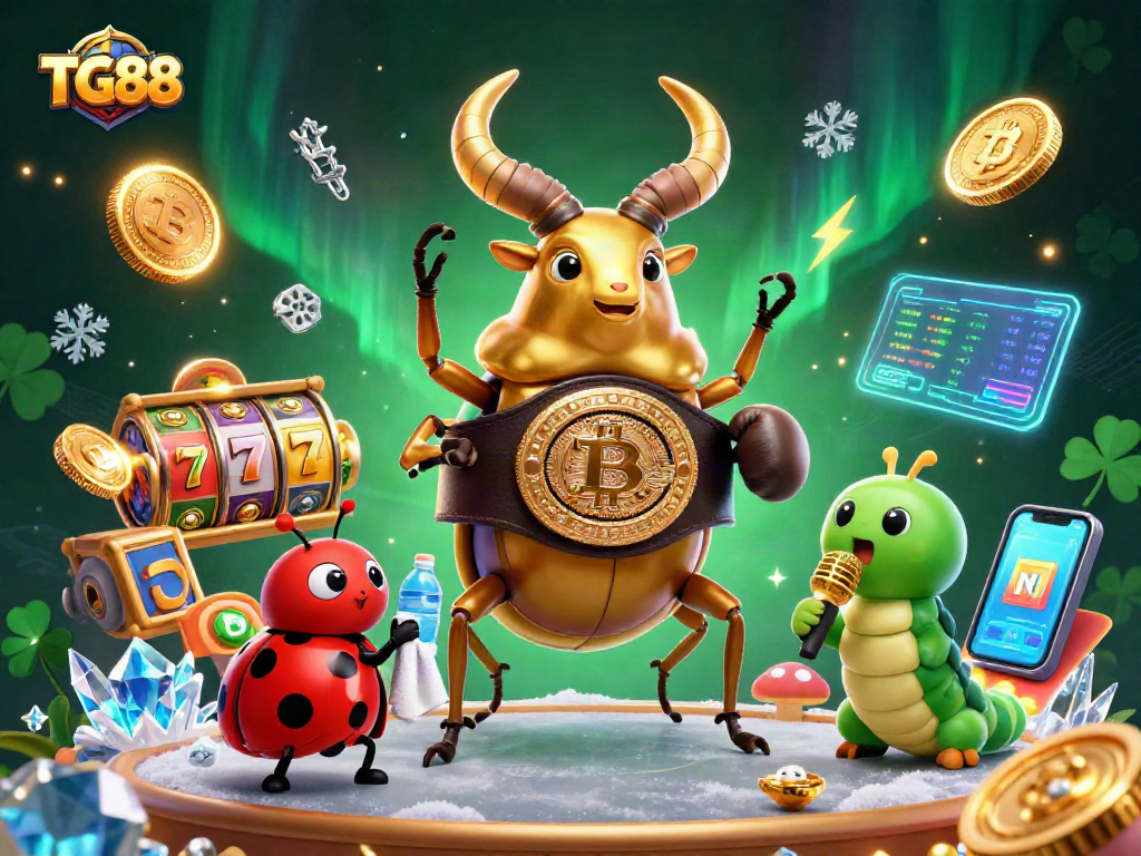 Join the excitement at TG88 with a 3D illustration showcasing vibrant slot reels and crypto coins.