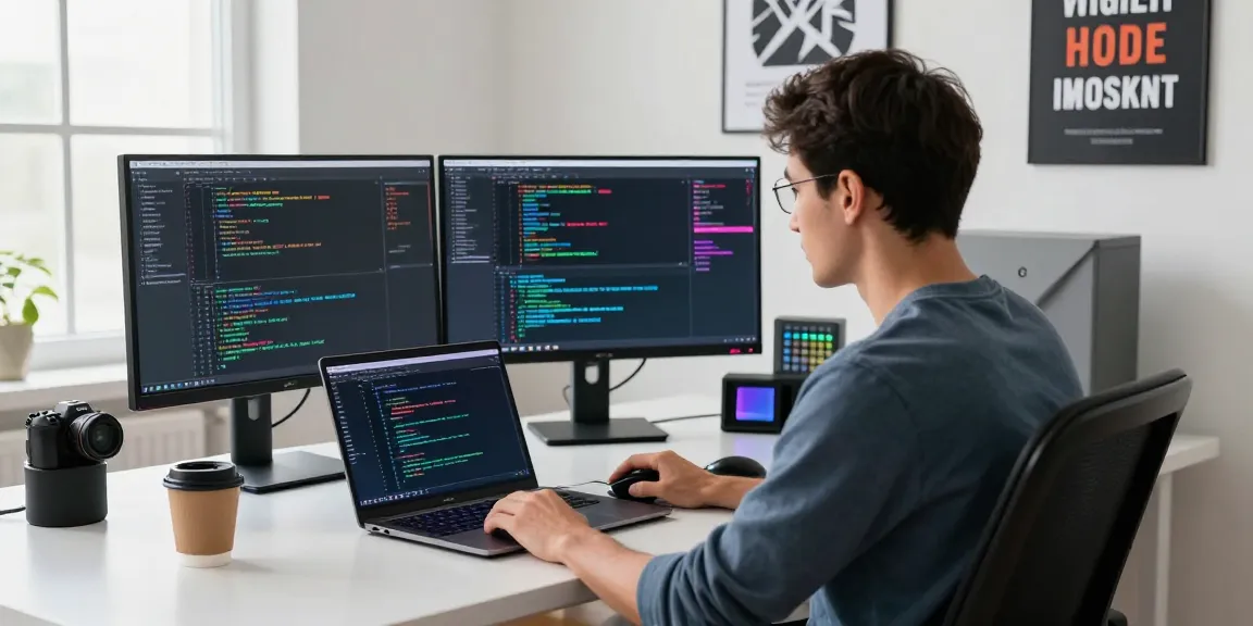 Professional using an AI laptop in a bright tech workspace, showcasing code and modern gadgets.
