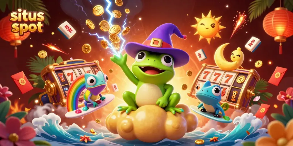 Situs slot platform showcasing a vibrant scene with golden coins and lively characters, ideal for gamblers
