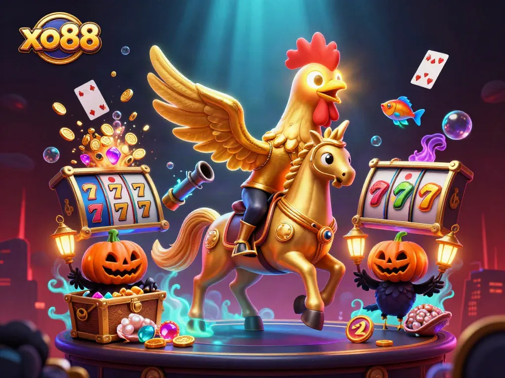 Experience dynamic gaming at xo88 with golden rooster riding through a vibrant casino scene.
