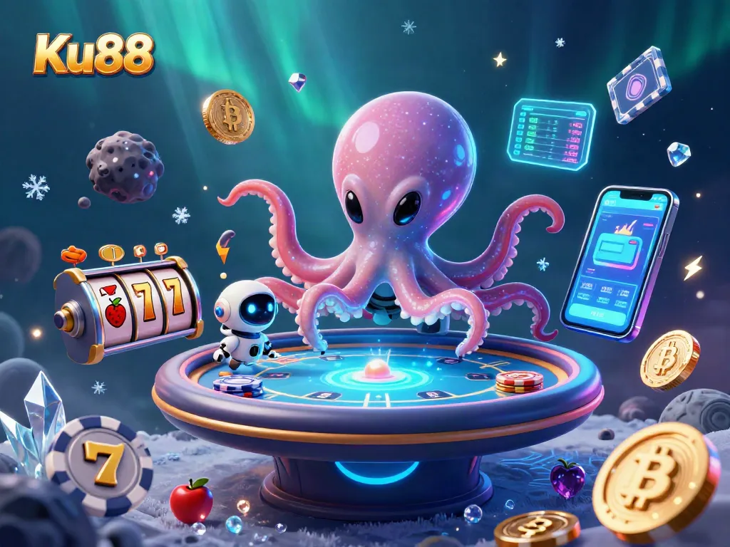 Engage in exciting games at Ku88, where an alien octopus operates a holographic poker table.
