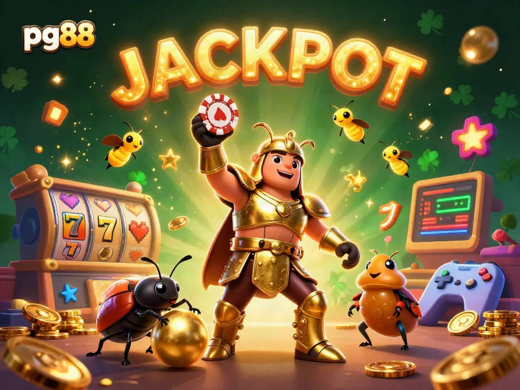 pg88 brings excitement with a cartoon hercules beetle celebrating a jackpot in a vibrant casino scene.