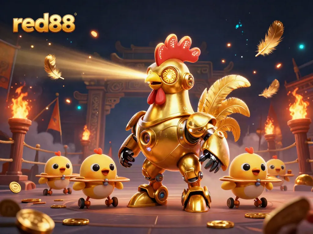 Experience immersive gameplay with red88 in a vibrant illustration of a futuristic golden rooster robot.