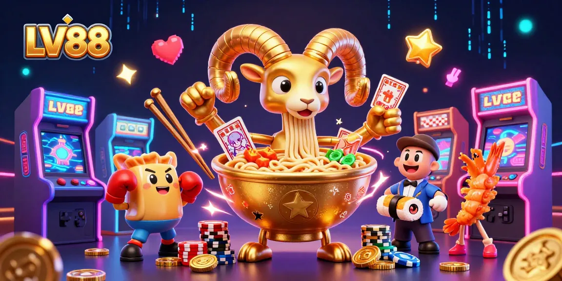 Engage with LV88's thrilling gaming experience featuring a cartoon ramen bowl dealer and vibrant casino elements.