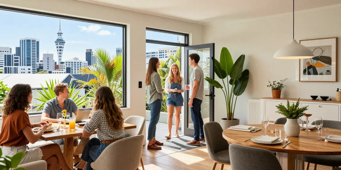 A vibrant Airbnb management in Auckland scene with hosts welcoming guests in a stylish property.