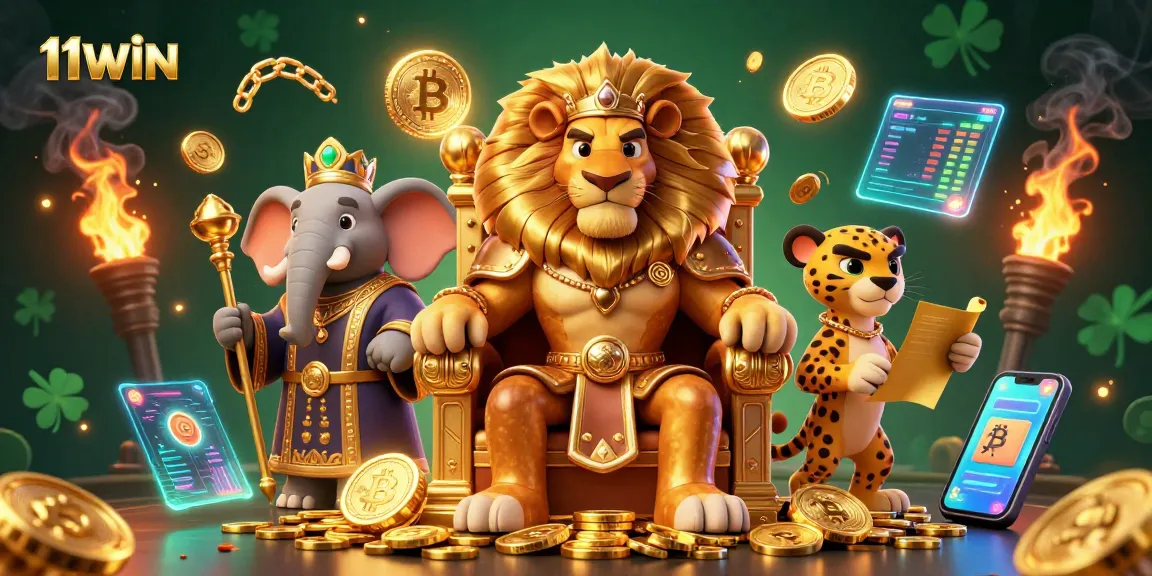 Experience thrilling gameplay at 11WIN, where the lion king reigns in a vibrant casino scene.