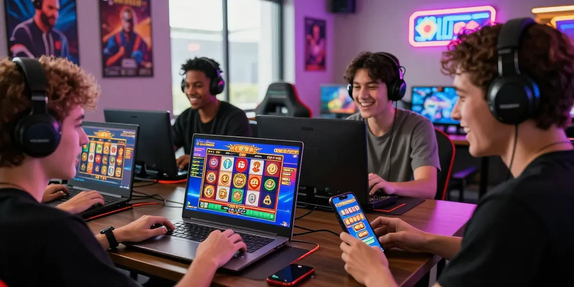 Engaging group playing situs slot deposit 10 ribu on digital devices in a vibrant gaming environment.