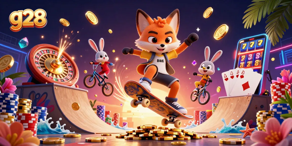 g28 promotes excitement as a skateboarder fox performs a kickflip over golden poker chips
