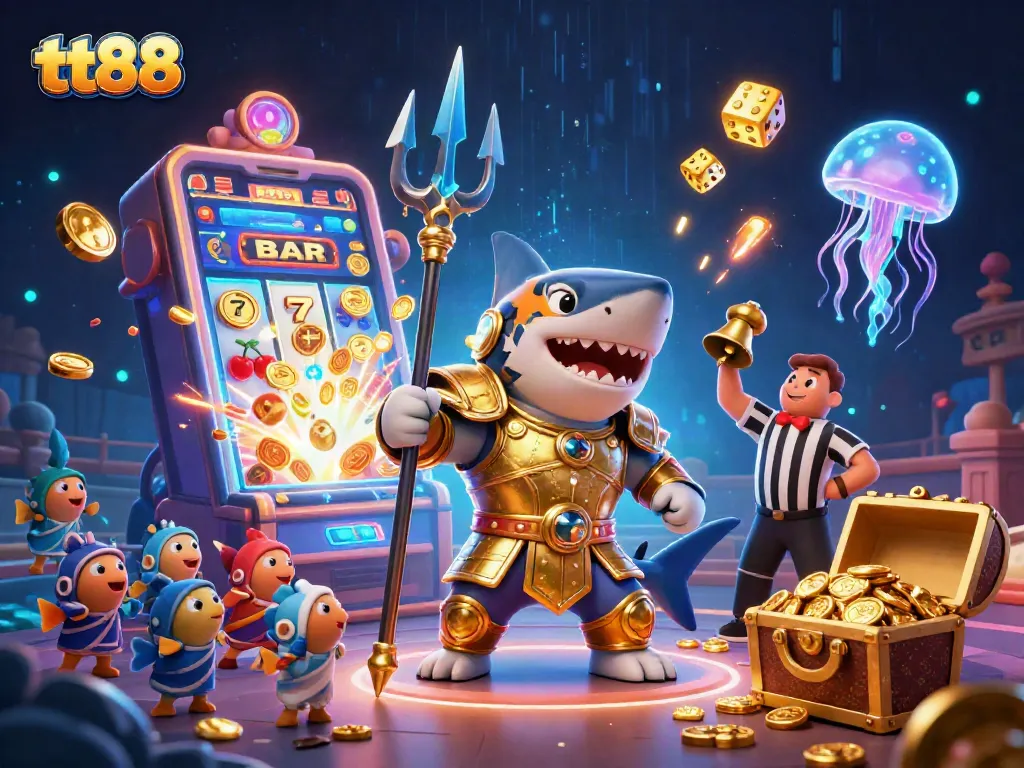 Experience the thrill at tt88 with a lively underwater colosseum featuring a gladiator shark and exciting casino elements.