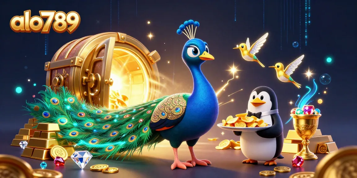 Engage with alo789's vibrant casino-themed illustration showcasing a peacock, penguin, and hummingbird.