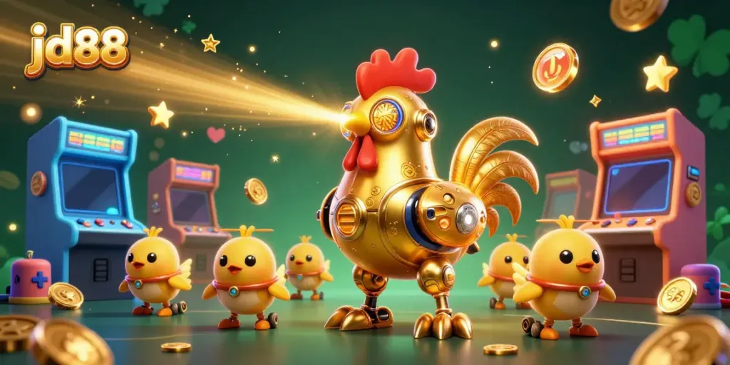 Engage with exciting jd88 casino experiences where a futuristic rooster robot leads a gaming adventure.