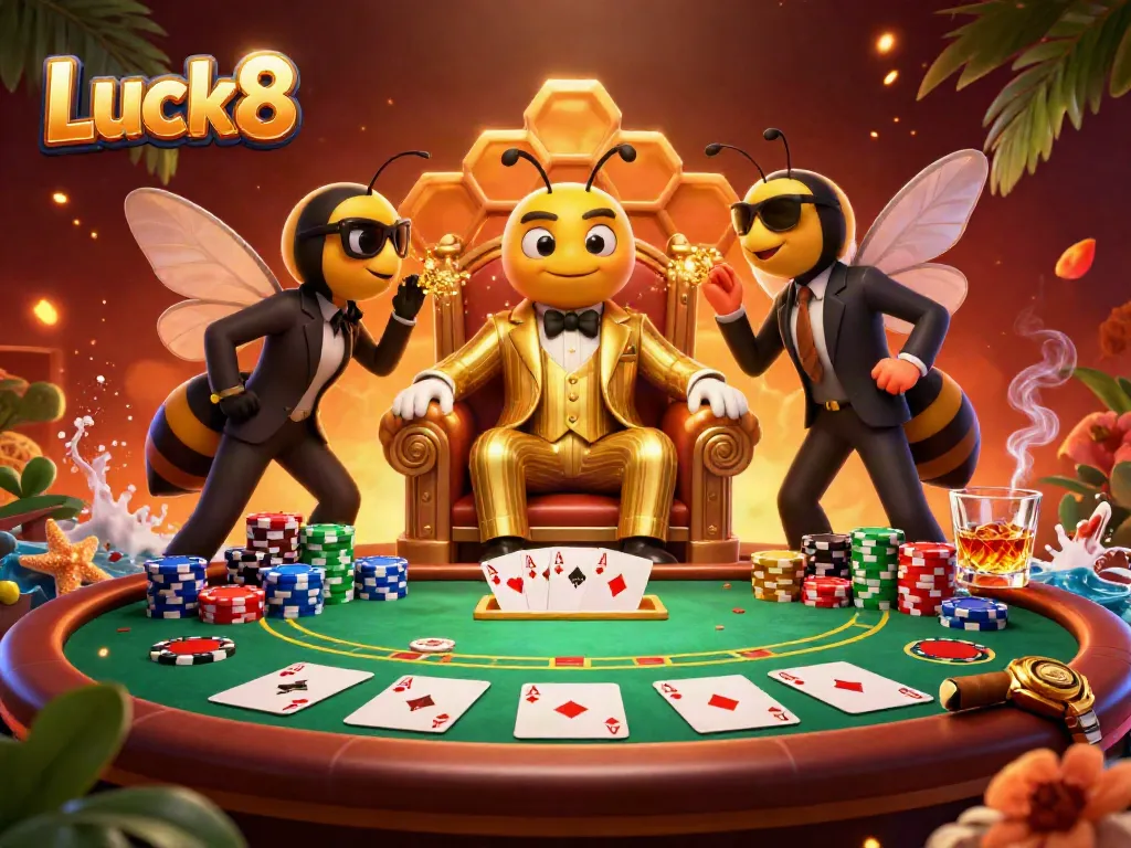 Luck8 mob boss overseeing vibrant poker action with colorful chips and cards in a dynamic casino scene.