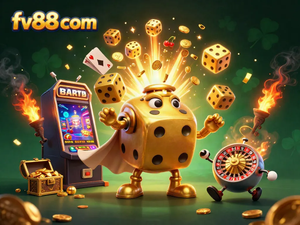 Experience thrilling wins at fv88 com with dynamic 3D casino illustration featuring golden dice and jackpot elements.