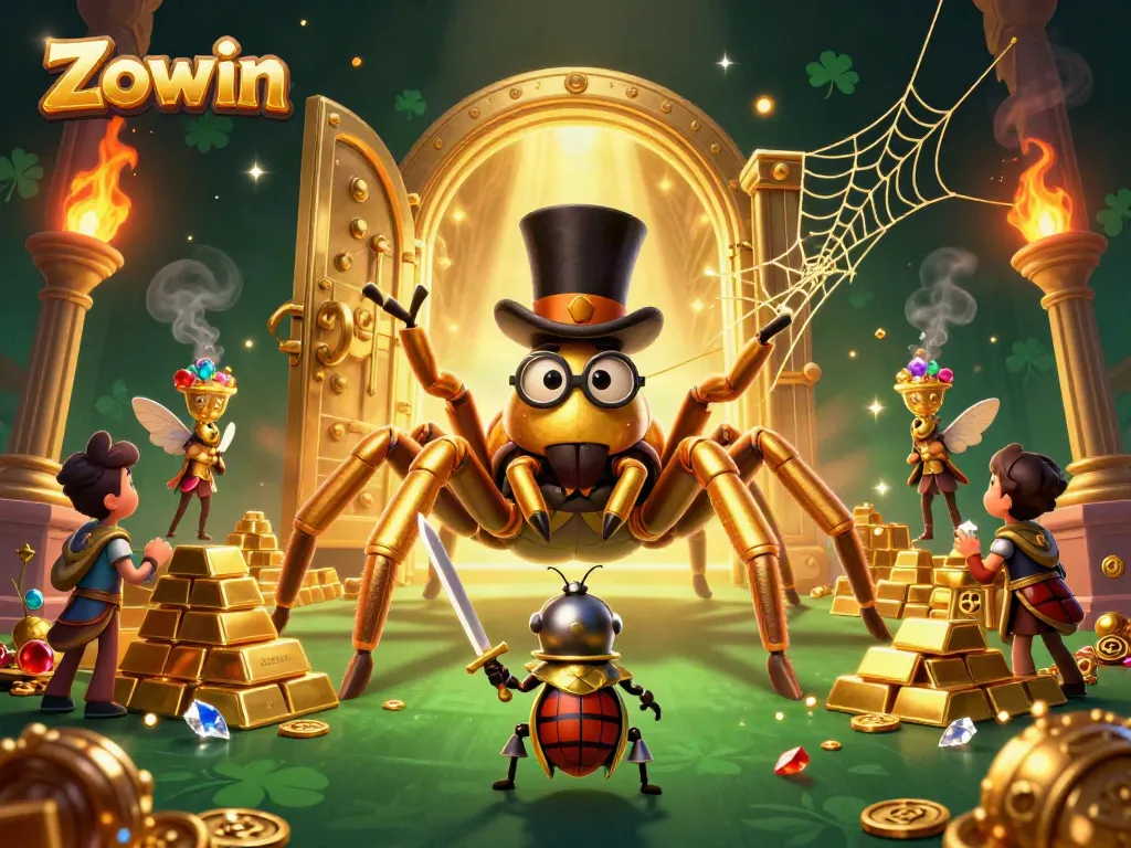 Experience thrilling wins at Zowin with a vibrant casino scene featuring lively characters and golden treasures.