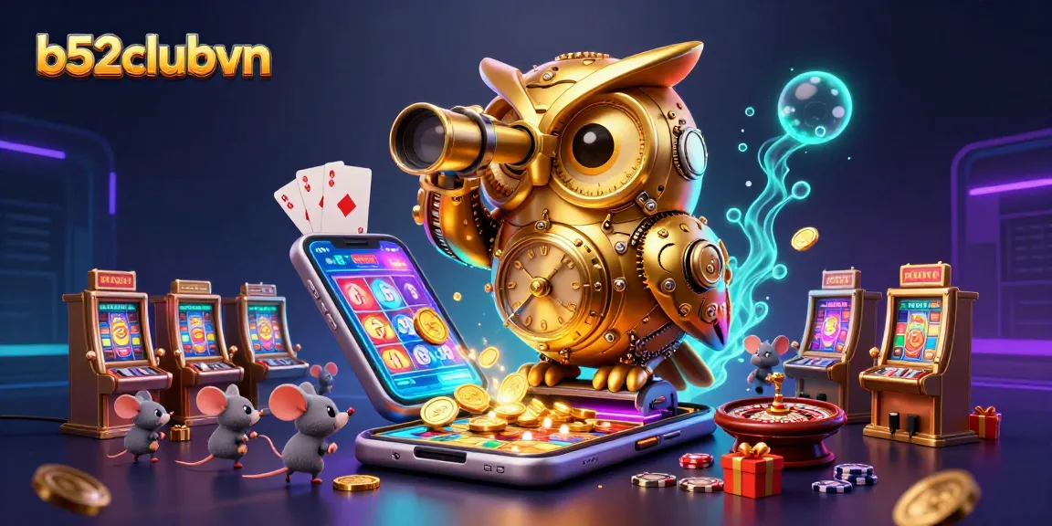 Experience thrilling gameplay at b52clubvn with a dynamic casino illustration of vibrant slot machines and lively characters.