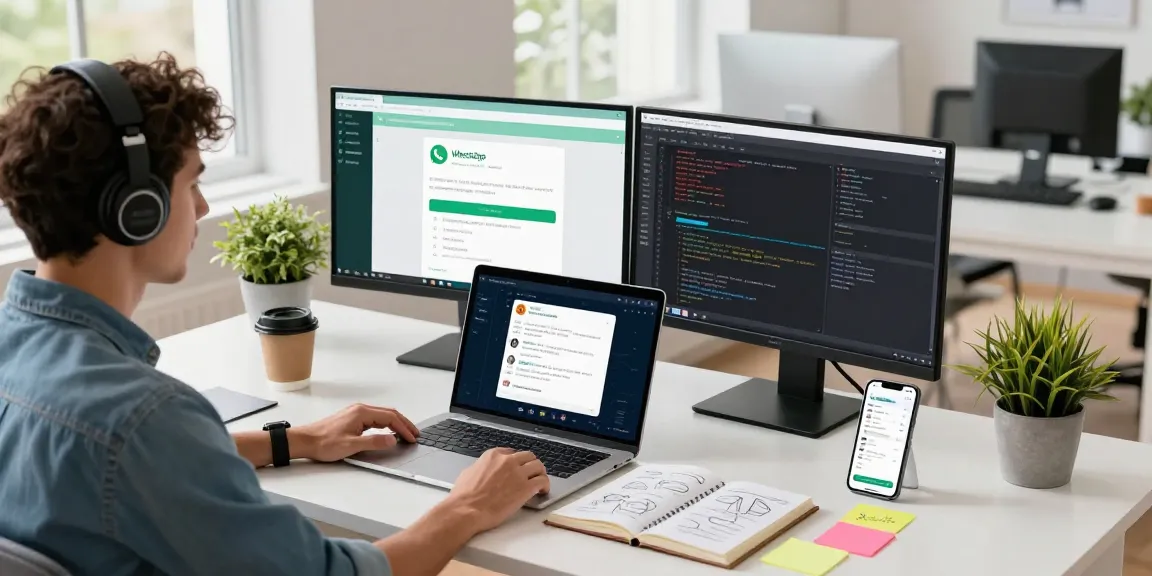 Developer discussing WhatsApp下載 app features in a modern workspace with dual screens and creative tools.